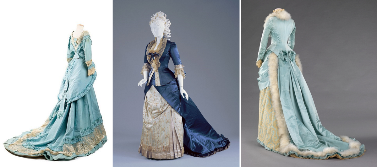 Вечерние платья. Слева - 1870-е, из коллекции Чарльстонского музея. В центре - 1877-78, из коллекции Музея искусств Цинциннатти. Справа - ок. 1885, из коллекции музея Метрополитен (Нью-Йорк).