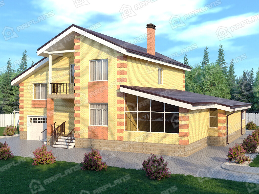 Фото 2 двухэтажного дома из кирпича с мансардой, 6 спальнями,  балконом, газовой котельной, гаражом и бассейном. Полезная площадь 300 кв м. Источник arplans.ru Проект К-154