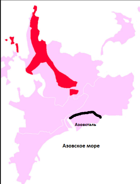 Красным выделена территория комбината им. Ильича