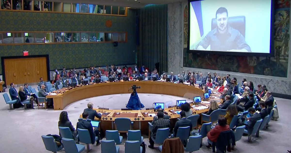 Президент Украины Владимир Зеленский выступает на заседании Совбеза ООН