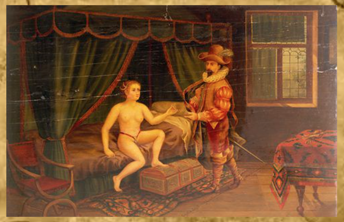 Картина, на которой изображен мужчина, пытающийся заковать женщину в "пояс верности".  Источник: Picryl