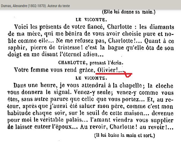 Скриншот страницы оригинального французского издания пьесы "Юность мушкетёров", как раз в том месте, где Миледи обращается к графу де ла Феру по имени.