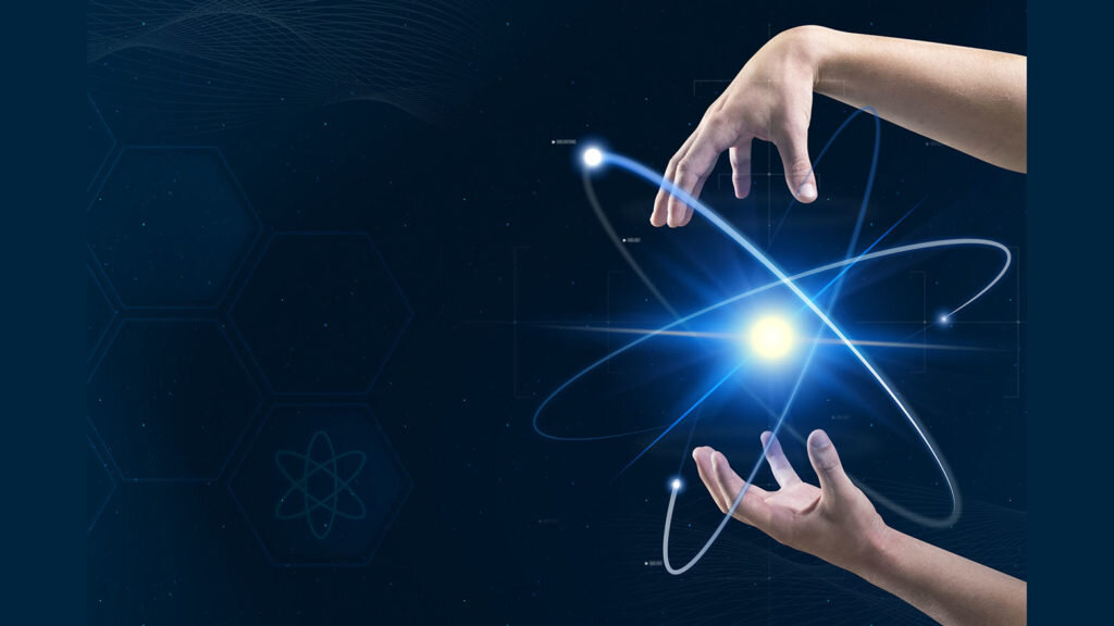    Atom biotechnology nuclear medicine with scientist’s hands digital transformation remix Александр Шереметьев