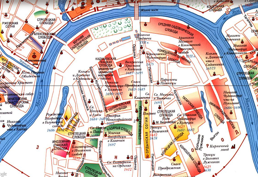 Карта Замоскворечья в пределах Земляного города. 1675 год (retromap.ru/1016752_z14_55.755786,37.617633)