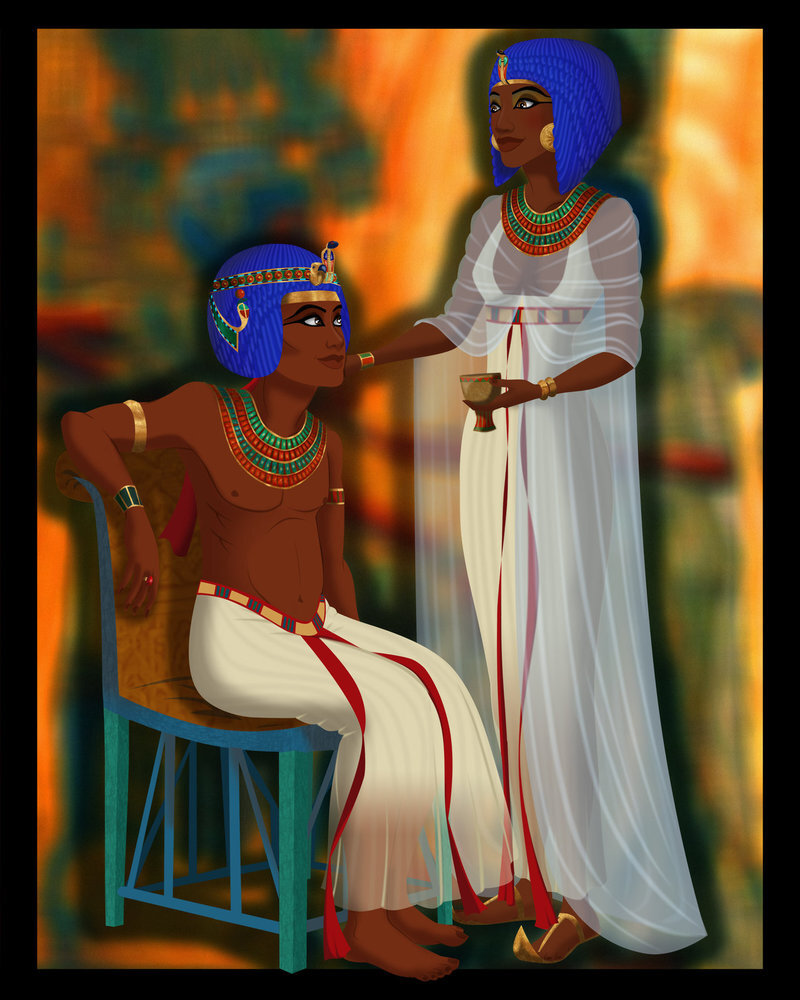 Тутанхамон и его супруга. Рисунок со спинки золотого трона юного фараона.