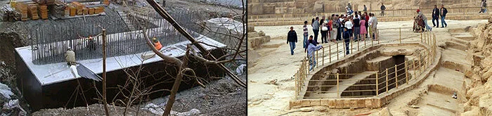 Сравнение современного фундамента под строительный механизм и «ладейной ямы» вблизи пирамиды Хеопса (фото из Отчёта об экспедиции ЛАИ ноября 2010 («Плато Гизы. «Ладейные ямы Хефрена»» [1]))