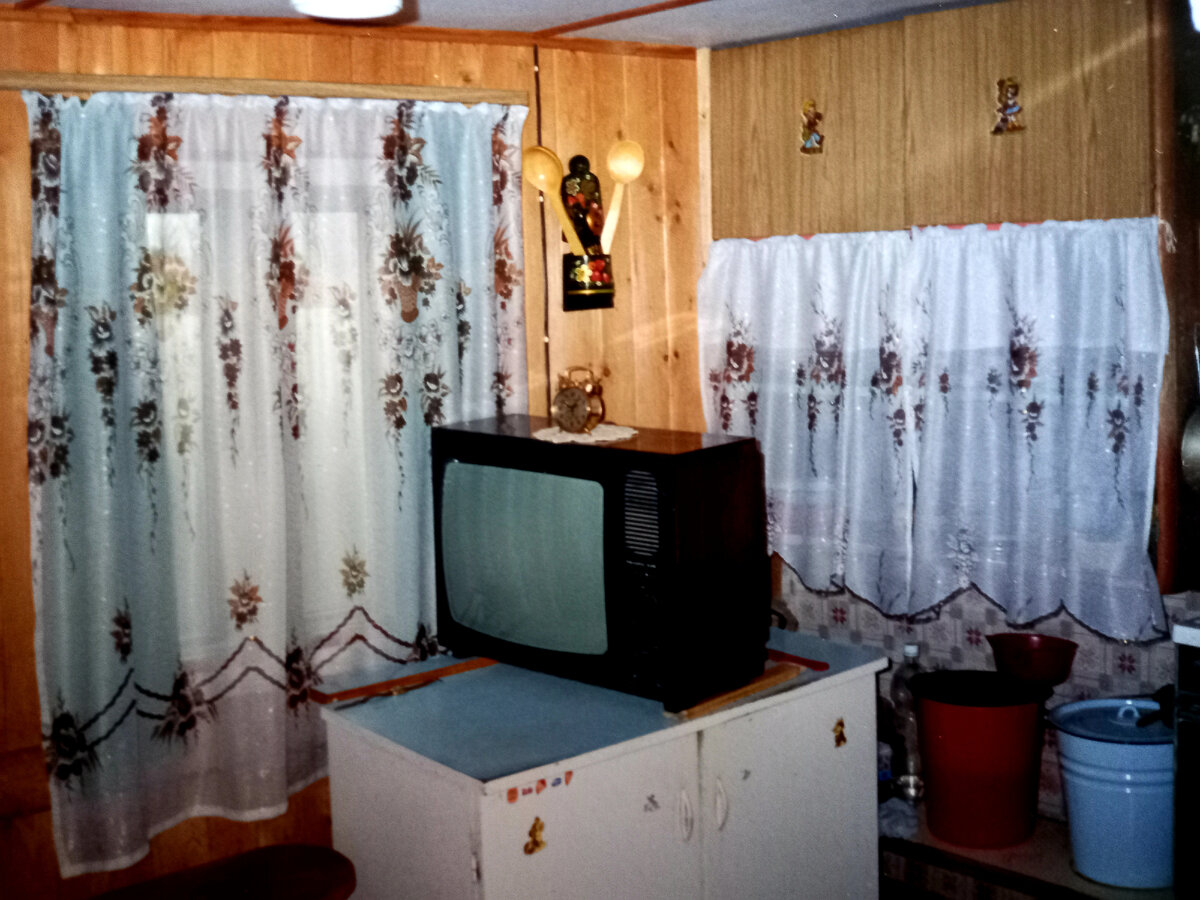 На фото - часть нашей кухни. Внизу, в красном ведре - озерная вода для мытья рук и посуды. В голубом ведре - вода из родника...