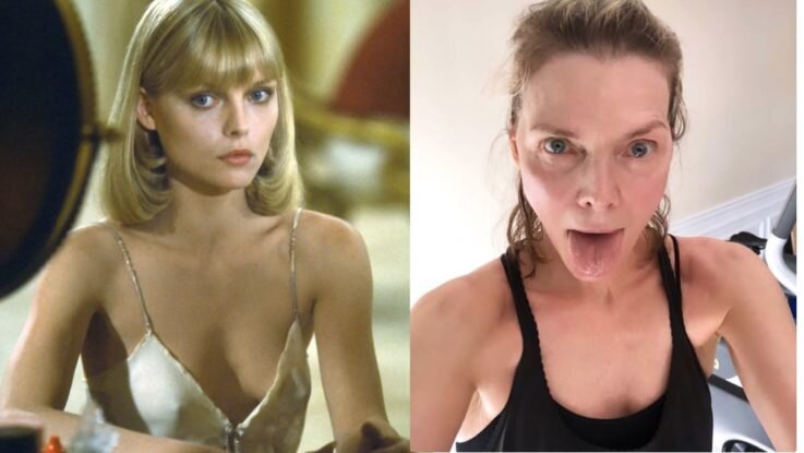 Мишель Пфайффер в молодости (к/ф "Лицо со шрамом", 1983 г.) и сейчас (Инстаграм актрисы, март 2020 г.)