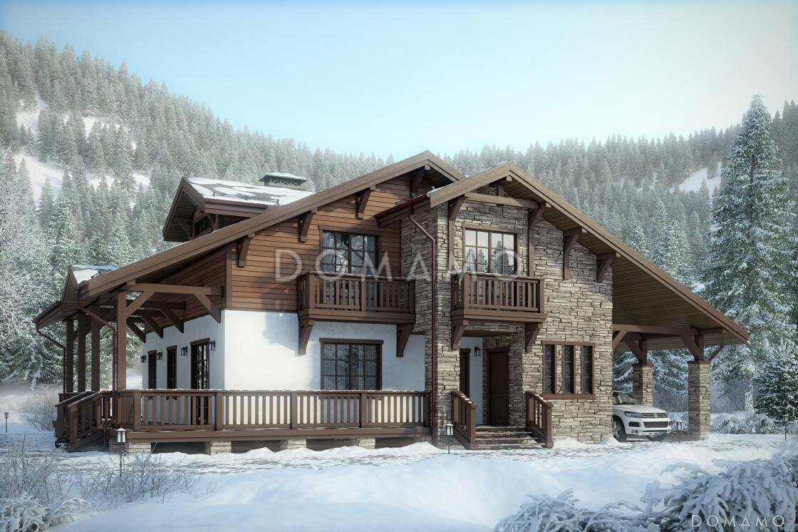 Проект D522 — дом из кирпича в стиле шале с большой террасой и гаражем