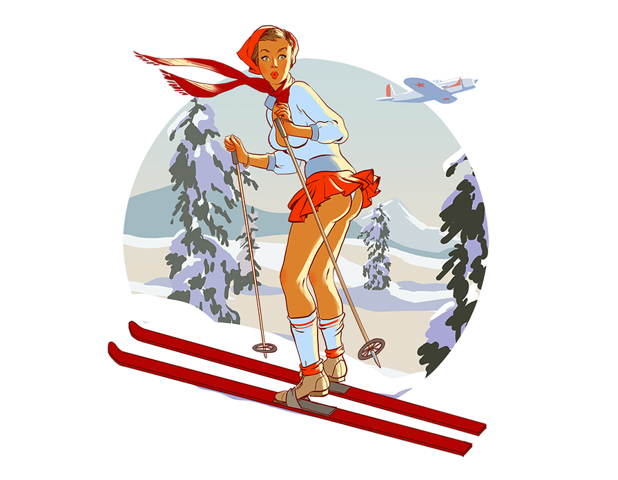 Зимний день и лыжи. Девушка на лыжах. Лыжи иллюстрация. Новогодняя открытка с лыжами. Спортивная тематика.