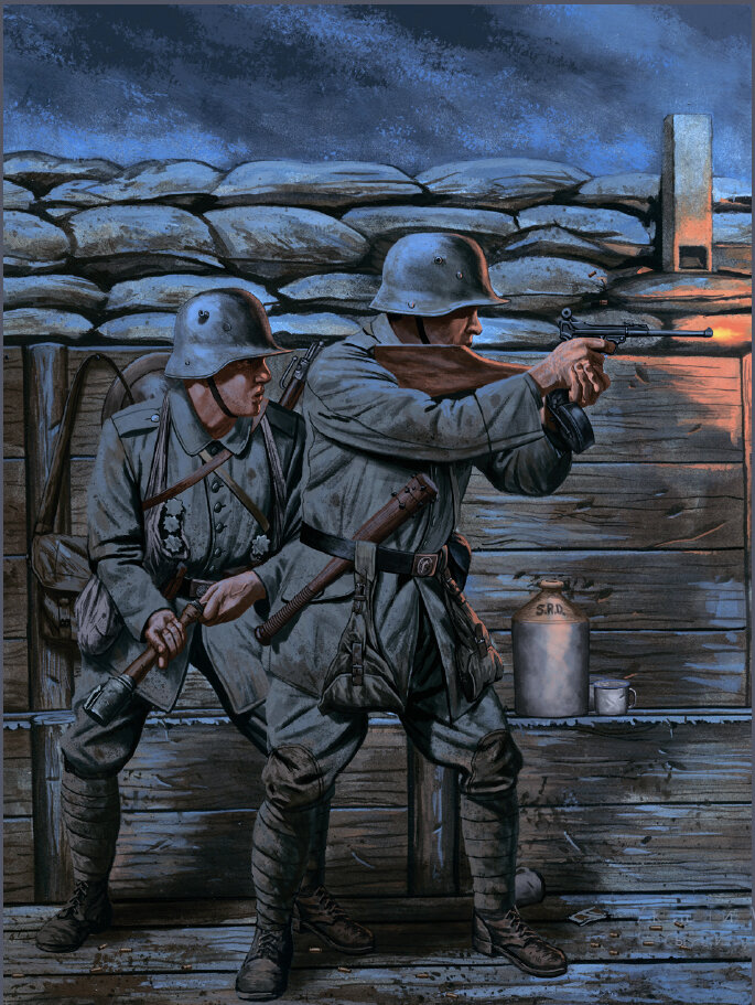 Боец германского штурмового отряда ведет огонь из своего Р.17 с барабанным магазином. Картина современного художника.
