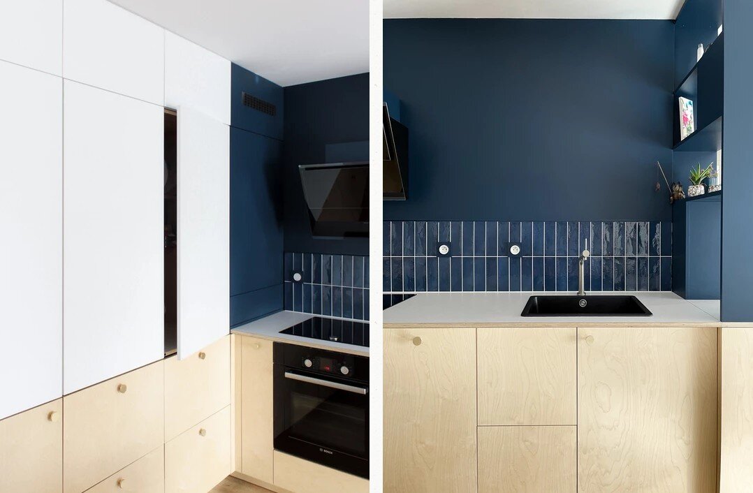 Оригинальный дизайн кухни с плиткой моноколор для фартука