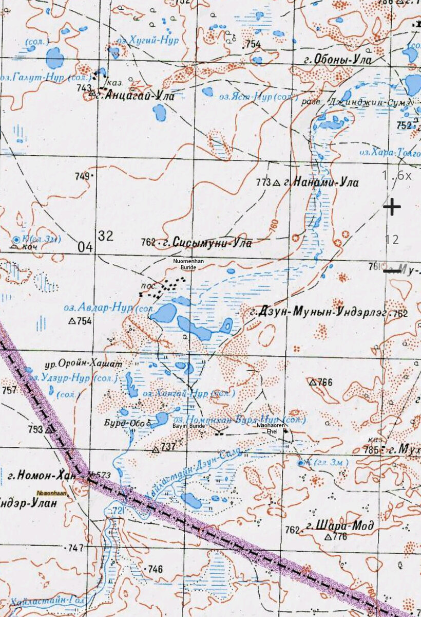 Фрагмент послевоенной карты. В правом верхнем углу значатся развалины Джинджин-сумэ. В левом нижнем углу пункты Номон-Хан и Бурд-обо. Ближе к центру озеро Авдар (японцы называли его Абутара). В одной клетке карты 4 километра. 