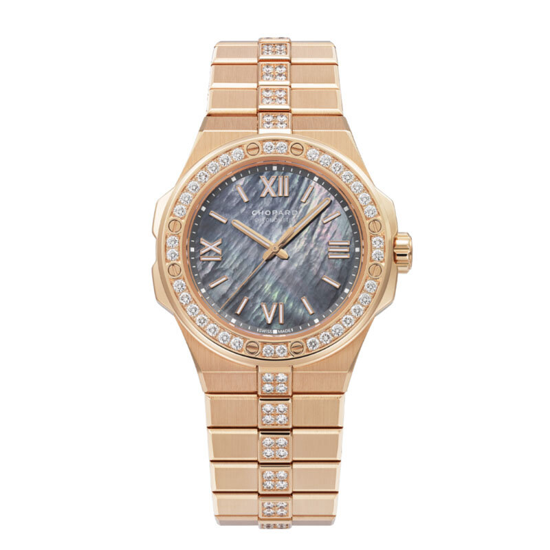 Часы Chopard Alpine Eagle из розового золота с бриллиантами, автоматическим подзаводом, темно-серым перламутровым циферблатом, водонепроницаемостью 100 м и запасом хода 42 часа
