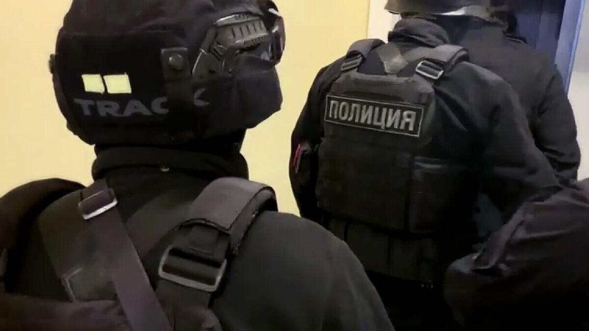    Сотрудники полиции проводят операцию по задержанию участников интернет-сообщества, причастных к распространению электронных писем с ложными угрозами минирования. Стоп-кадр видео© РИА Новости / ФСБ РФ