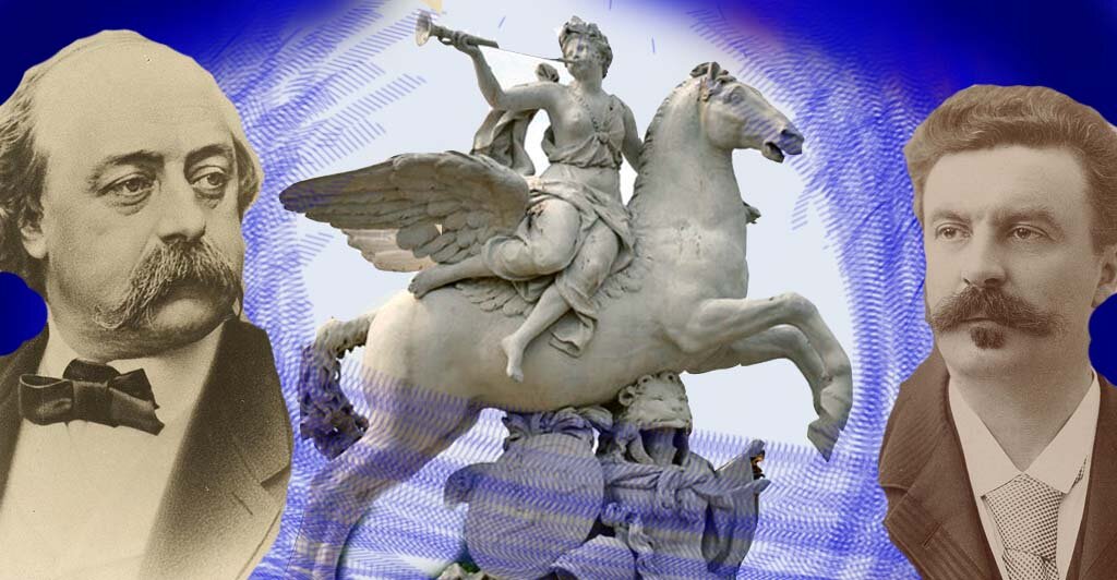 Слева направо: Гюстав Флобер. Скульптора Антуана Каузевокса "Слава на Пегасе". Ги де Мопассан.