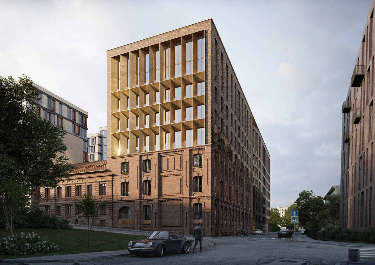 Уличный фасад дома "Тессинский, 1", проект Sergey Skuratov Architects.