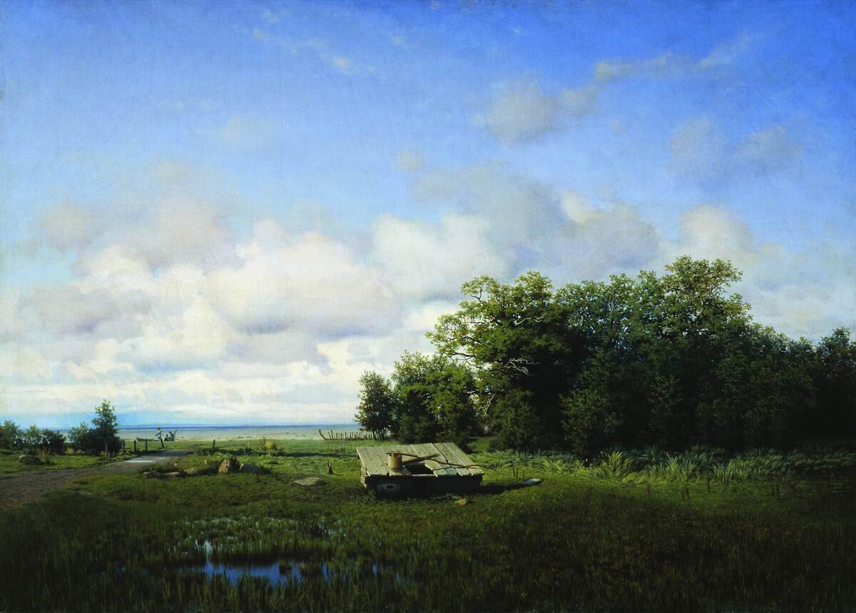 "В Дубках, близ Москвы", П.А. Суходольский. 1862. Третьяковская галерея, Москва. Современные исследователи считают, что на самом деле изображена местность под Сестрорецком, а не подмосковные Дубки. На горизонте видна водная гладь залива.