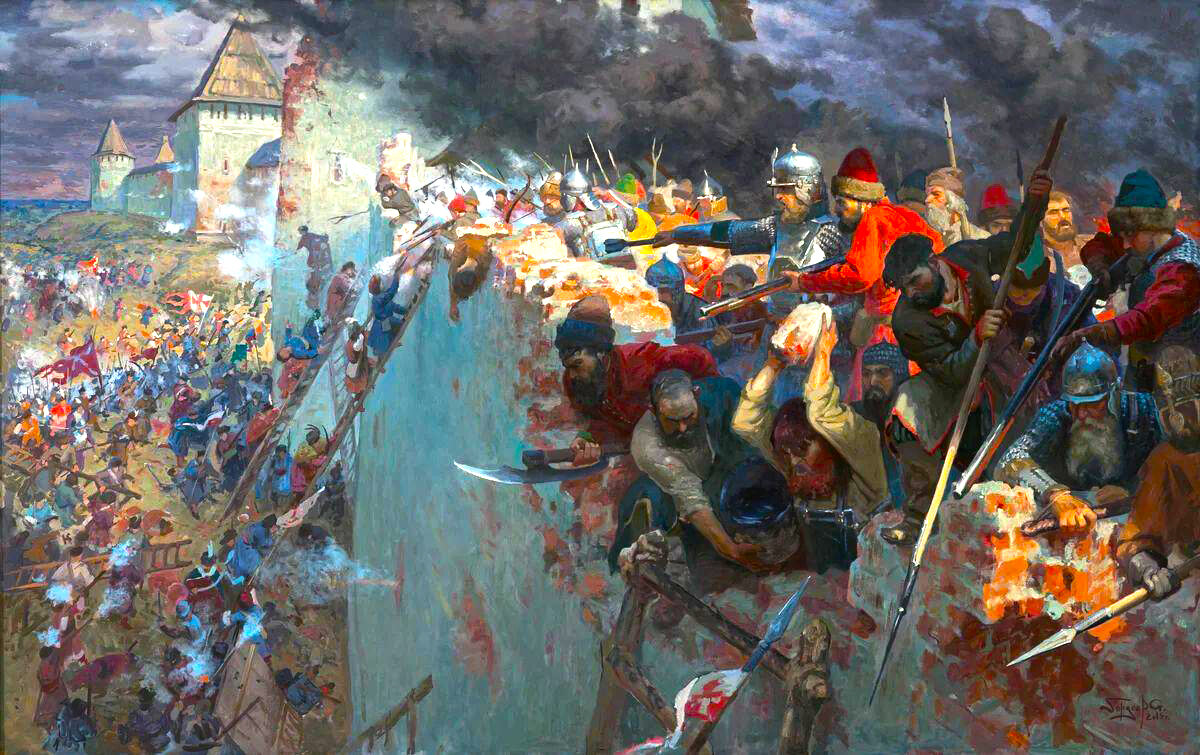 Считается, что к 1632 г. Смоленском (на  Днепре) владели  евро-поляки. Однако, как  будет  показано  ниже, Смоленском (на  Оке) = Касимовом владели  "поляки"  из  Владимиро-Суздальского Ополья  под  командованием  царя  "Лже"-Дмитрия  "Пожарского". Поэтому  на  кремлёвской  стене  Смоленска  руководит  защитой  города  русский  князь, а  не  евро-польский  король.   