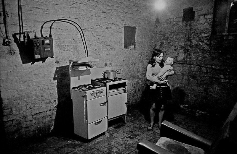 Liverpool, 1969. Basement kitchen in a block of flats.