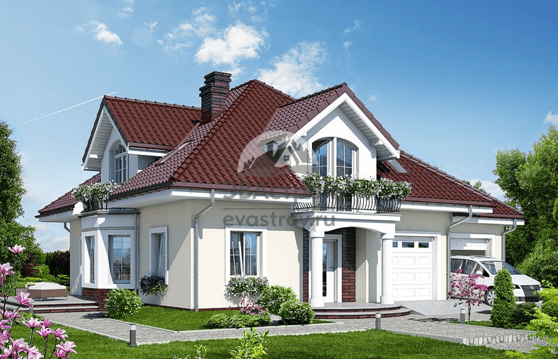 Проект дома 239 м2 с мансардой, двухместным гаражом, эркером и террасой - SK-19 