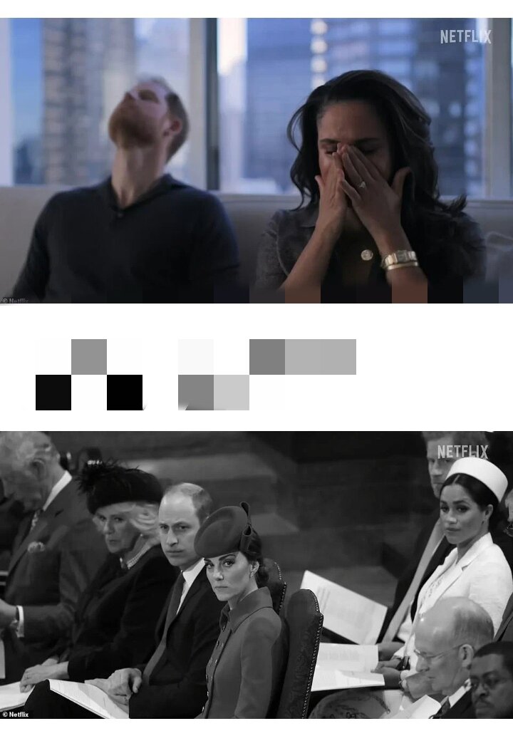 А выше ещё одно  фото плачущей Меган и измученного Гарри. Очень односторонняя картина. Однозначная. Не предполагающая версий всех сторон. Есть только версия Меган и неправильные.