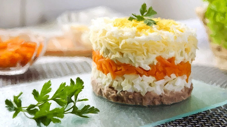 Ингредиенты для слоеного салата из печени трески: