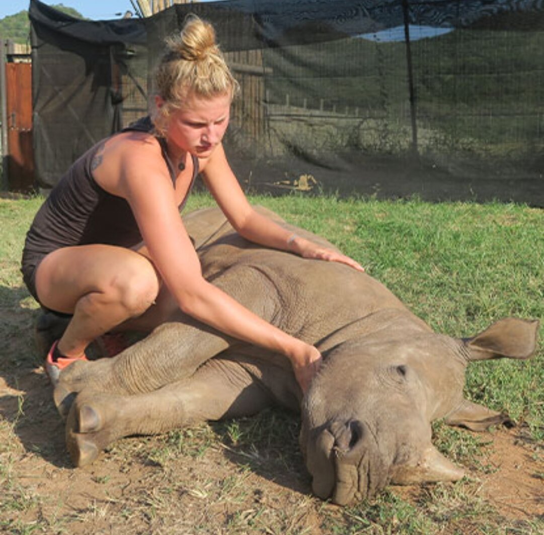 One of the volunteers of 'Living with Orphaned Rhinos at Care for wild'