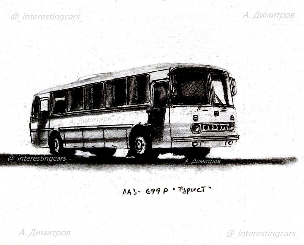 ЛАЗ-699Р "Турист" с круглыми фарам, фальшрадиаторной решеткой и маленькой эмблемой - буква "Л" в прямоугольнике