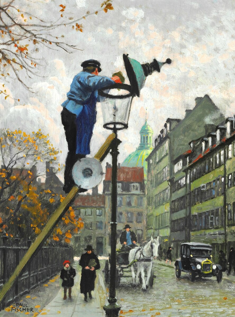 Пауль Фишер (Paul Fischer), 1860-1934. Фонарщик (Lamplighter. Scene from Frederiksstaden with the dome of Marmorkirken in the background). Частное собрание.
