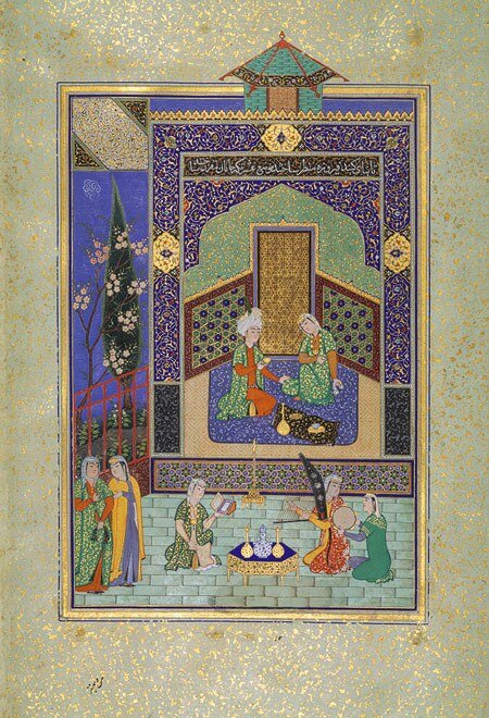 Шахиншах Бахрам Гур со своими женами в бирюзовом дворце. Миниатюра 16  века.