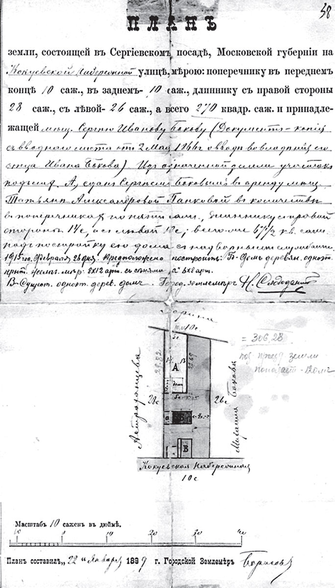 План участка земли на Кокуевской набережной, принадлежащей семье Боковых, г. Сергиев, 1899 г.