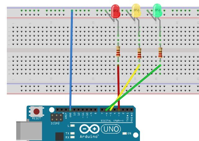 Подключение светодиодов на макетной плате с подключением к портам контроллера Ардуино Arduino UNO