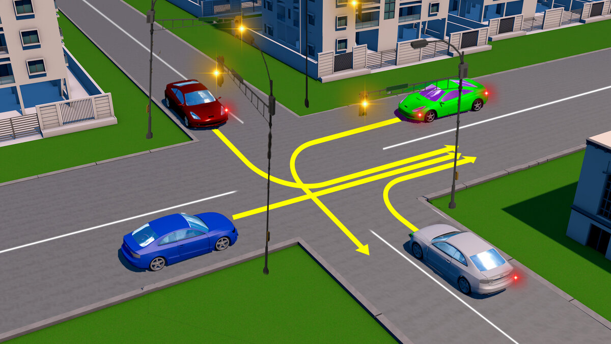 В какой последовательности проедут перекресток водители, при желтом  мигающем сигнале светофора? | Клуб Дорог | Дзен