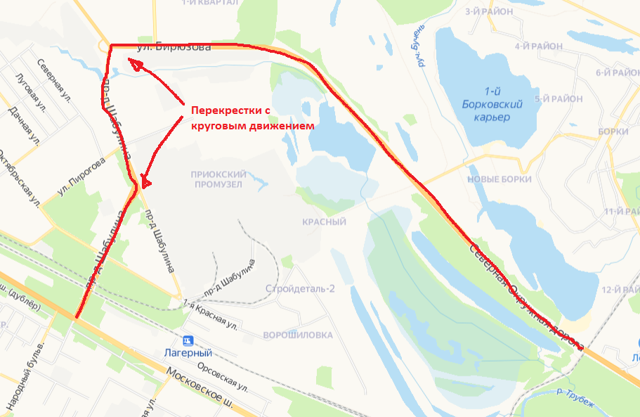 На двух перекрёстках проезда Шабулина будет организовано круговое движение: на повороте после сквера завода «Красное знамя» и на пересечении с улицей Бирюзова