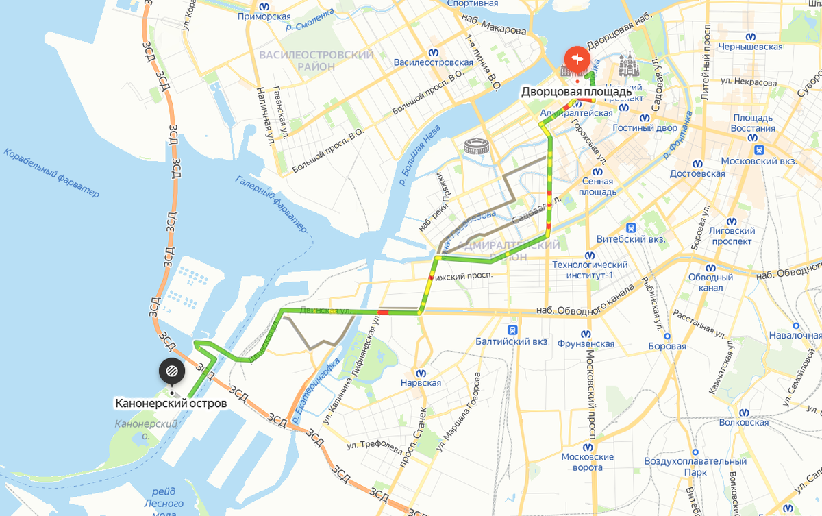 Маршрут от Канонерского острова до Дворцовой площади