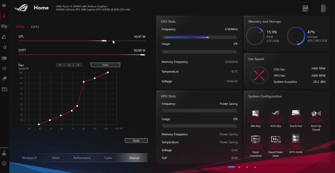 Настройки начинки у Asus ROG Zephyrus G15
