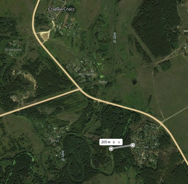 Космический снимок любимого во времена СССР места рыбалки на реке Цна, Старый Спас.