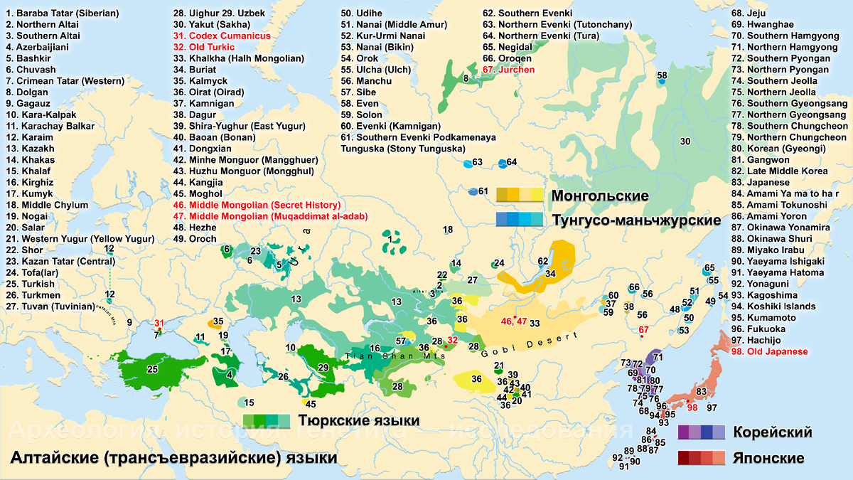 Так называемая алтайская гипотеза в узкой версии предполагает общее происхождение для тюркских, монгольских и тунгусо-маньчжурских языков, а в широкой версии к ним добавляют корейский и японский языки.-2