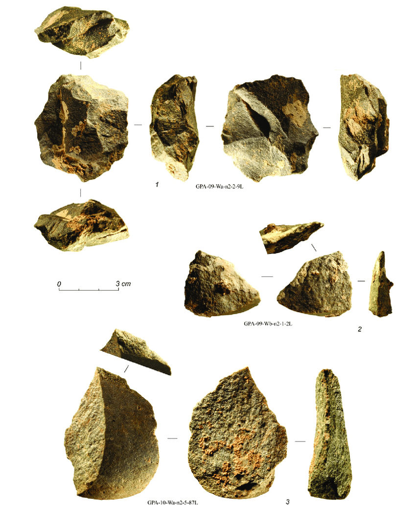 Источник фото: https://www.researchgate.net/figure/Industrie-lithique-en-quartzite-du-Gravettien-de-Gargas-GPA-1-nucleus-repris-en-piece_fig4_258173000