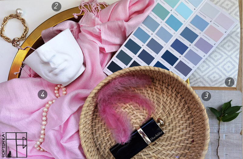 1 - обои с нежным принтом; 2 - белая плитка или белая крупногабаритная мебель; 3 -  светлое напольное покрытие или безворсовый ковер; 4 - текстиль из натуральных тканей.