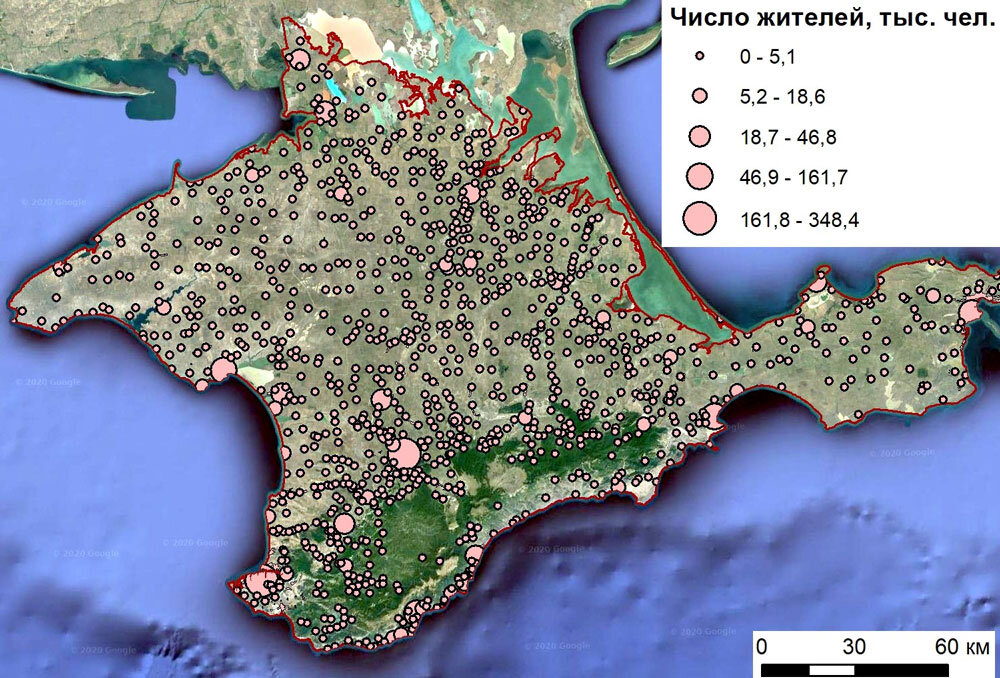 Карта распределения населения полуострова Крым.