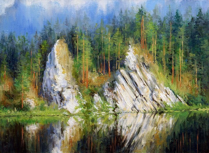 1. Андрей Костромин – Утро на Чусовой, х.м., 35х50см, 2018г,по фото из Сети. Изображение отсюда: kostromin777.in.gallerix.ru/