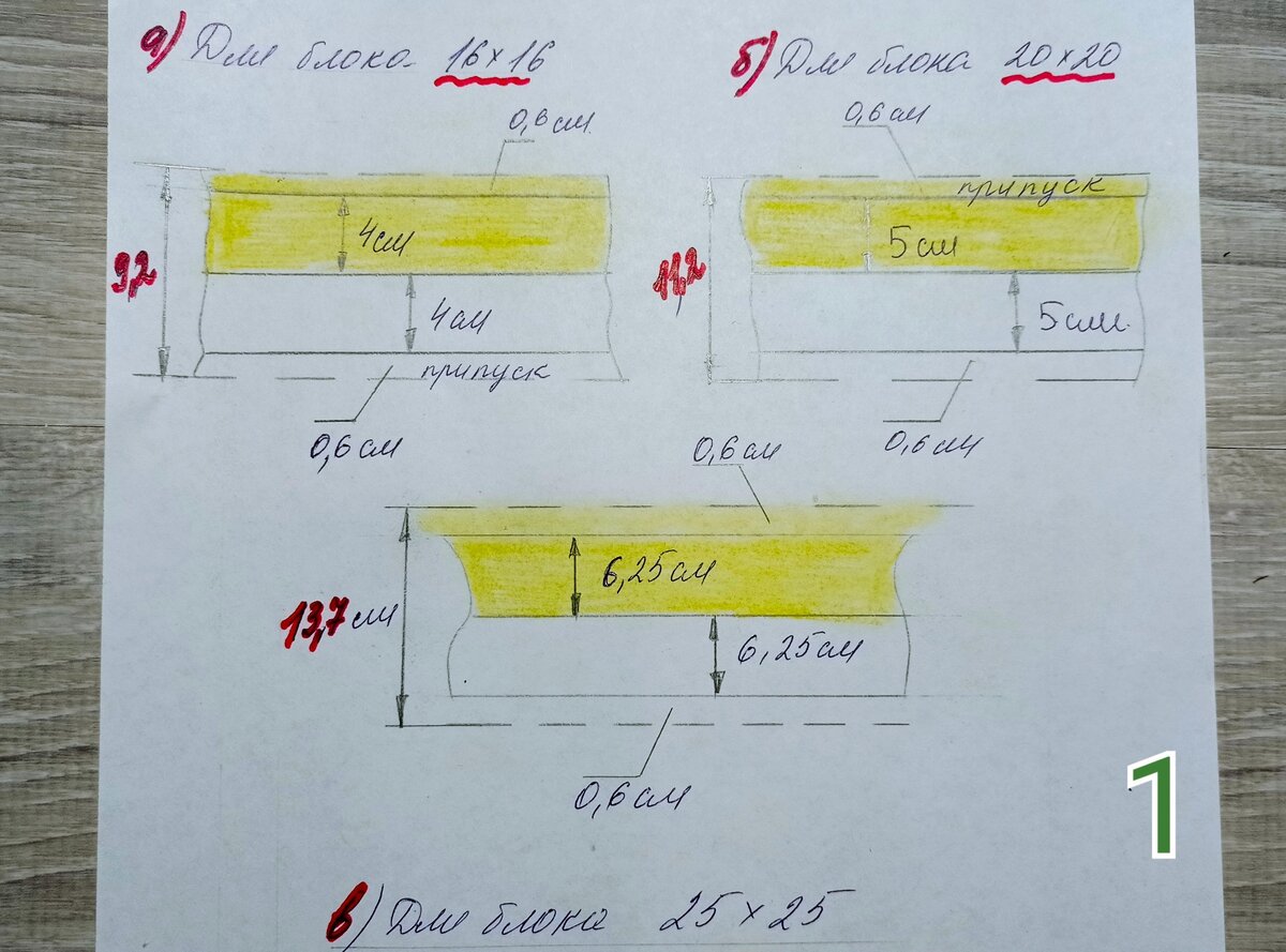 на фото приведен пример для блок с стороной 16 см;  20см;  и 25см.