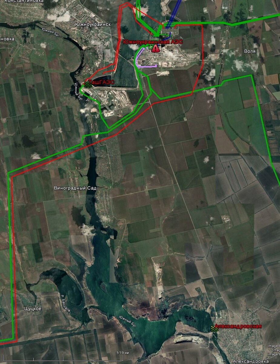 Южноукраинский энергетический комплекс. Синим показаны ВЛ 750 кВ, зелёным – 330 кВ, сиреневым – шинные мосты 150 кВ, красным – не работающие ВЛ 330-750 кВ