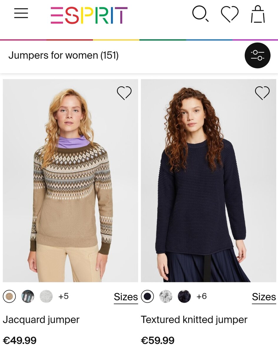 Стоимость свитеров Esprit на официальном сайте бренда.