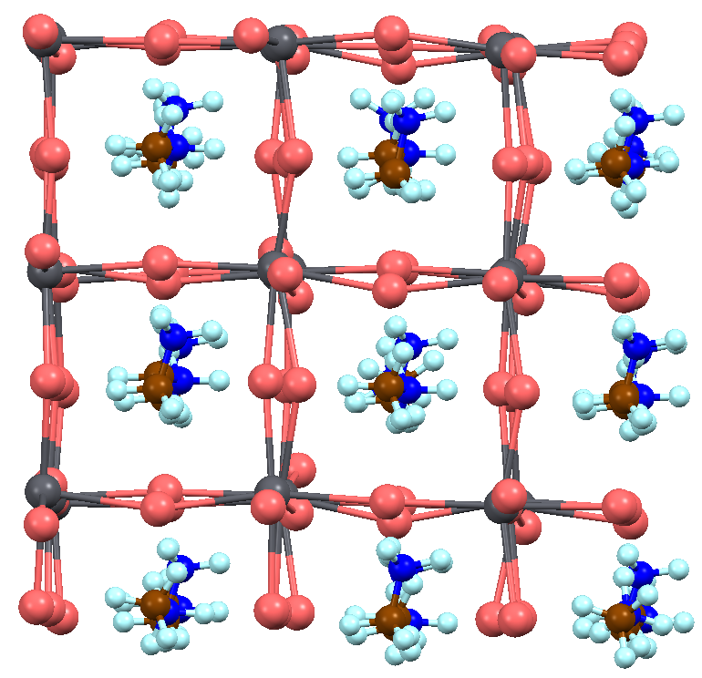 Рассчитанная (симулированная) сверхъячейка гибридного перовскита до допирования кальцием. Цвета: йод - лососевый, свинец - тёмно серый, углерод - коричневый, азот - синий, водород - голубой. Иллюстрация: Данил Бухвалов.