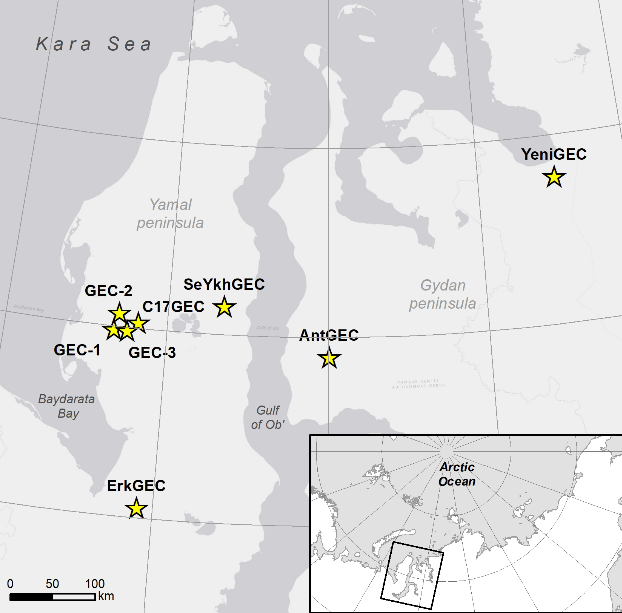 Карта достоверно известных воронок газового выброса. Фото: Alexander Khimenkov/Julia Stanilovskaya