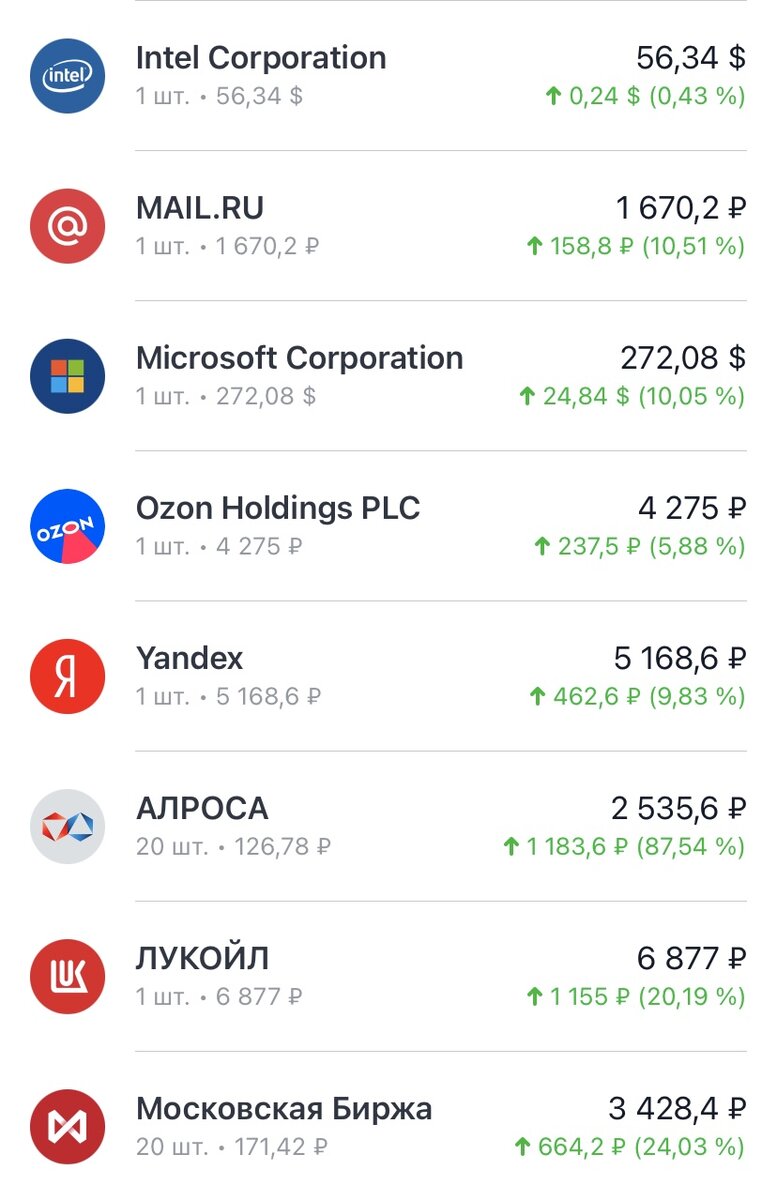 Пример моего инвестиционного портфеля на то время (скрин экрана в приложении Тинькофф)