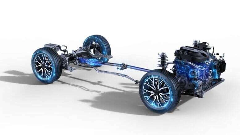 На фото: схема работы технологии мягкого гибрида для кроссовера Geely Atlas Pro